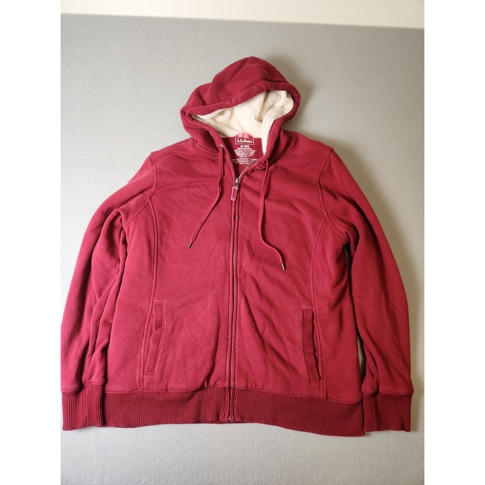 LL Bean Fleece Hoodie Jacket Red Womens Sz Med Cotton/polyester Blend